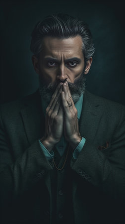 Keep my secret Confident mature man in shirt and tie holding finger on lips and looking at camera while standing against grey background : Generative AIの素材