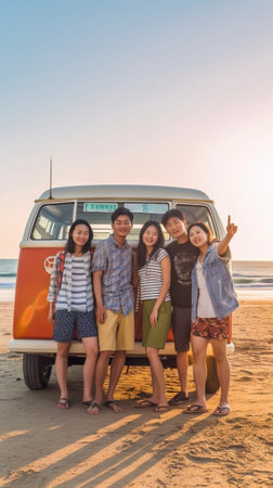 We choose you Group of joyful young people pointing you and smiling while standing on the beach with retro minivan in the background : Generative AIの素材
