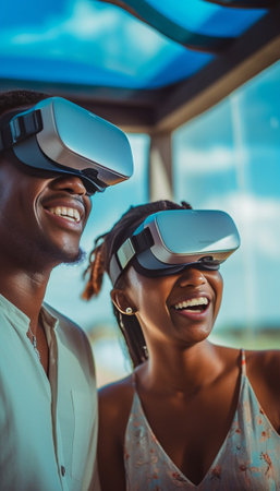 Playful young African woman covering eyes to her boyfriend while spending time at home : Generative AIの素材