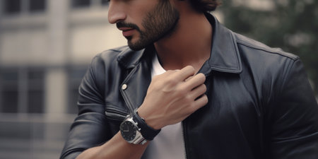 Having a date in one hour Handsome young man wearing sunglasses and looking at his wristwatch while standing against grey background : Generative AIの素材