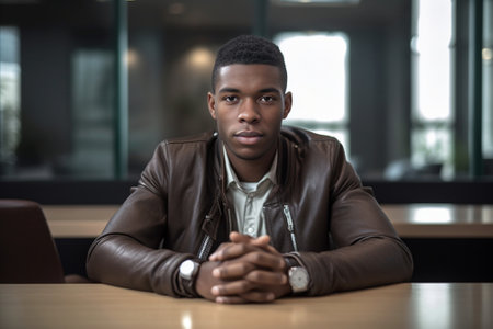 How can I help you Confident young African man in shirt and tie holding hands clasped and looking at camera while sitting at his working place : Generative AIの素材