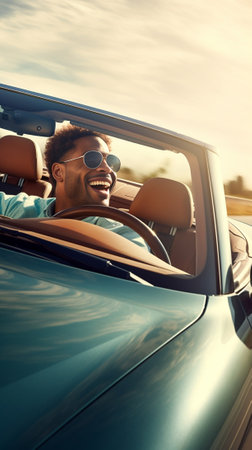 Keep on driving Rear view of happy young man looking over shoulder and smiling while driving his white convertible : Generative AIの素材