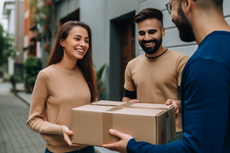 Just sign here Handsome young delivery man holding a cardboard box while beautiful young woman putting signature in clipboard : Generative AIの素材