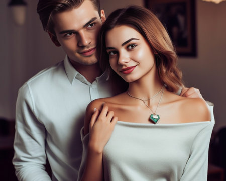 Luxury gift Handsome young man putting on new necklace on his girlfriend and smiling while standing against grey background : Generative AIの素材