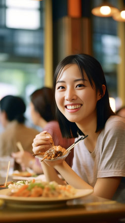 Nigiri is my favorite Beautiful young woman eating sushi and smiling while sitting at the restaurant : Generative AIの素材