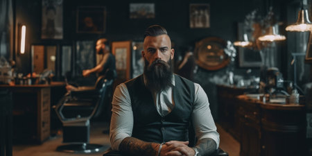 It is time for grooming Handsome young bearded man looking at his reflection in the mirror and keeping hand on chin while sitting in chair at barbershop : Generative AIの素材