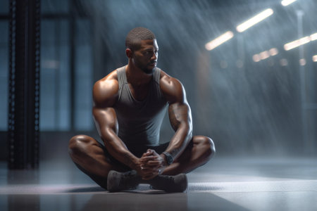 Last details Handsome young African man in sport clothing tying his shoe while exercising in the gym : Generative AIの素材