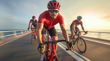 Perfect day for cycling Low angle view of young people riding bicycles along a road together : Generative AIの素材