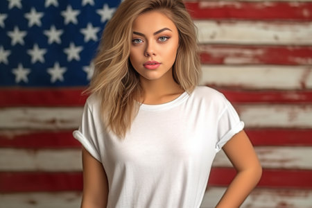 Salute Fashionable young short hair woman in casual shirt posing against American flag background : Generative AIの素材