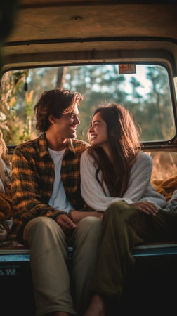 Thinking about new place to go Beautiful young smiling couple looking thoughtful while bonding to each other and leaning at their pickup truck : Generative AIの素材