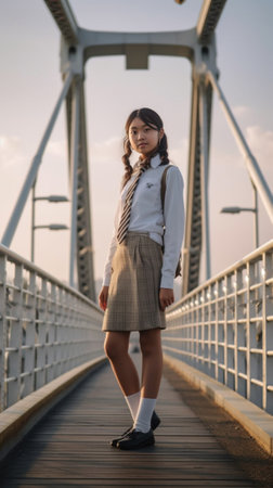 Sports style Beautiful young woman adjusting her sports clothes and looking away while standing on the bridge : Generative AIの素材