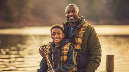 Ready for fishing Full length of father and son holding fishing rods and smiling while standing at the riverbank together : Generative AIの素材
