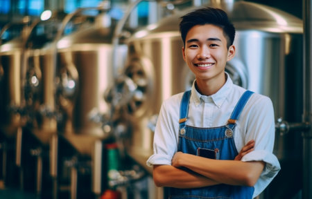 Tasting fresh brewed beer Handsome young male brewer in apron tasting fresh beer and keeping eyes closed while standing in front of metal containers : Generative AIの素材