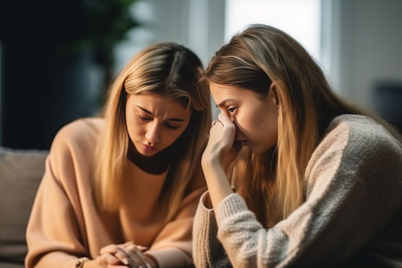 Real friends are always near Depressed young woman holding mobile phone while being consoled by her friend : Generative AIの素材
