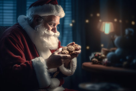 My favorite cookies Traditional Santa Claus holding cookie and glass with milk while standing against grey background : Generative AIの素材