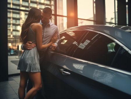 Thank you dear Young beautiful woman hugging her boyfriend thanks for the new car : Generative AIの素材