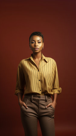 Staying hip Fashionable young short hair woman in striped clothing keeping arms crossed and looking at camera : Generative AIの素材