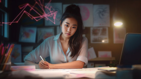 Working on new project Full length of young beautiful Asian woman making some notes at blueprints while leaning to the table in office : Generative AIの素材