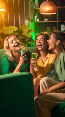 Spending great time with friends Three beautiful young women talking and drinking wine while sitting on the couch together : Generative AIの素材