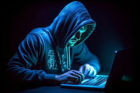 Young man in hooded shirt using computer against dark background : Generative AIの素材