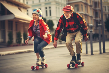 Spending great time together Happy young women riding on skateboard while her boyfriend running near against white background : Generative AIの素材