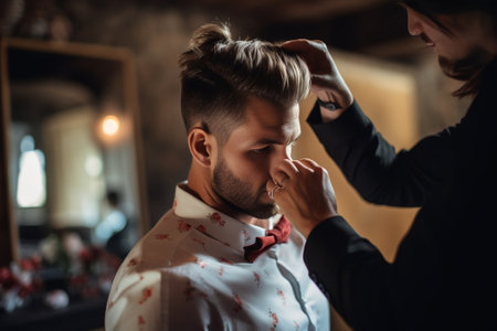 Looking amazing Closeup of hairdresser checking symmetry of haircut of his client at barbershop : Generative AIの素材