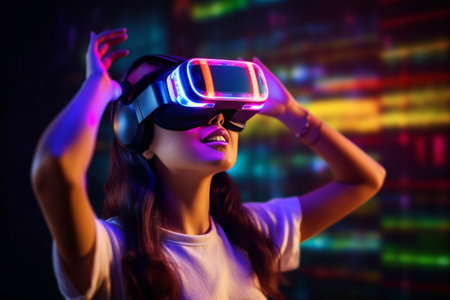 Young woman in virtual reality glasses practicing in punching against colorful background : Generative AIの素材