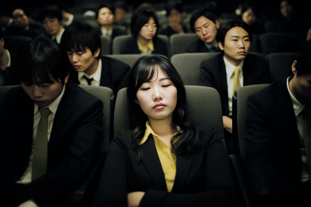 Sleeping at the conference Tired businesswoman sleeping while sitting at the table with her colleagues : Generative AIの素材