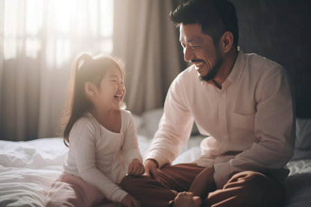 Selfie with dad Young father and his little daughter taking selfie while sitting on the floor in bedroom with the tent in the background : Generative AIの素材