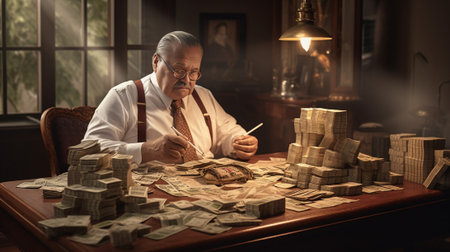 Mafia is not sleeping Serious senior man in shirt and suspenders sitting at the table and smoking cigar while lots of money laying near him : Generative AIの素材