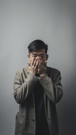 Shocked and terrified Portrait of young man covering his face by hand and looking at camera while standing against grey background : Generative AIの素材