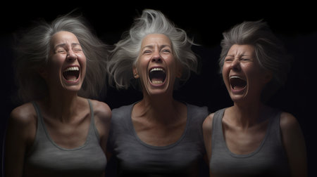 Three confident mature women looking at camera while bonding against grey background : Generative AIの素材