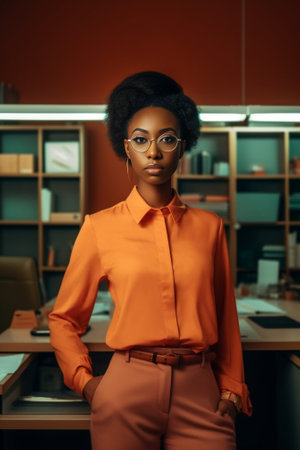 Her designs are in demand Serious young African woman holding eyeglasses and looking at paper while standing in her studio : Generative AIの素材