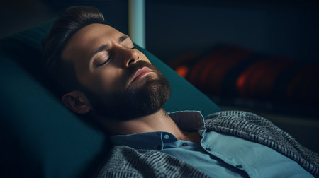 Total relaxation Rear view of young man in shirt and tie holding hands behind head while sleeping in bed : Generative AIの素材