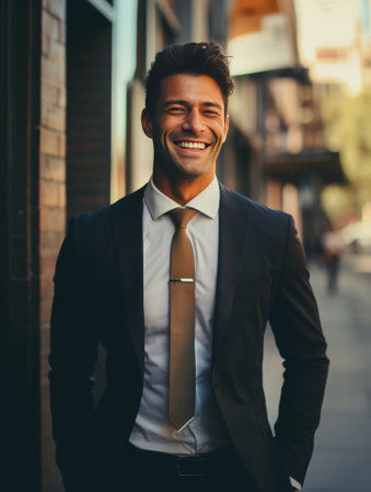 Relaxed handsome Handsome young man in shirt and tie carrying his jacket on shoulder and looking away with smile while standing against metal background : Generative AIの素材