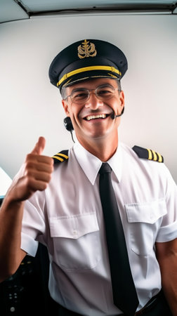 Welcome on board Happy male pilot in uniform gesturing and smiling while standing against white background : Generative AIの素材