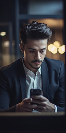 Typing business message Confident young man looking at his smart phone while leaning at the desk in office : Generative AIの素材