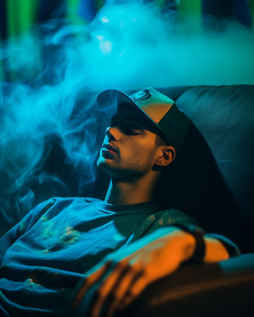 Need to delete that picture Handsome young man in beer hat using his smart phone while lying on bean bag in messy room after party : Generative AIの素材