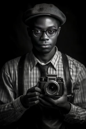 Out of camera film Handsome young African man holding retro styled camera and looking confused while standing against grey background : Generative AIの素材