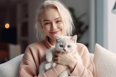 Loving her cat Attractive young woman holding her cat and smiling while lying in bed at home : Generative AIの素材