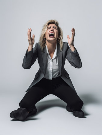 So much stress Frustrated young businesswoman covering her ears and shouting while standing against grey background : Generative AIの素材