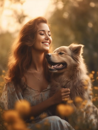 Her best friend Beautiful young woman keeping eyes closed and smiling while embracing her dog outdoors : Generative AIの素材