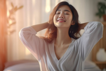 Time to wake up Attractive young woman keeping eyes closed and smiling while stretching in the bed at home : Generative AIの素材