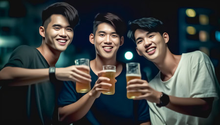 Spending good time in bar Three happy young men in casual wear toasting with beer and smiling while sitting at the bar counter together : Generative AIの素材