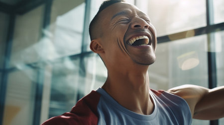 Loving this game Side view of cheerful young handsome man playing foosball game and looking excited while standing in front of window : Generative AIの素材