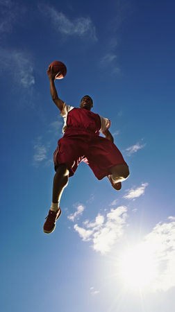 Man in the midair Low angle view of young man in sport clothing jumping while exercising outside : Generative AIの素材