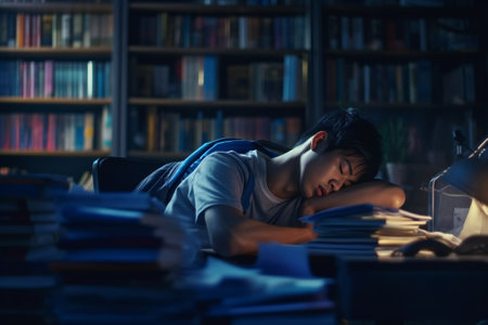 Sleeping at the library Tired young man sleeping near the book stacks at the library : Generative AIの素材
