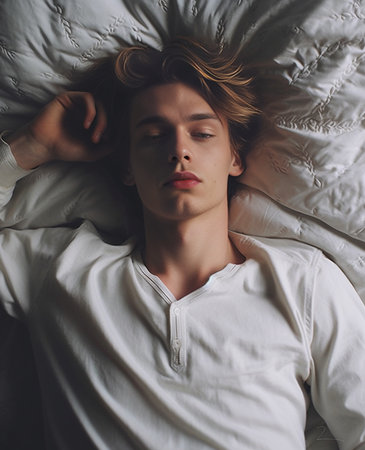 Tired and overworked Handsome young man in shirt sleeping in bed : Generative AIの素材