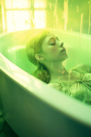 Total relaxation Beautiful young woman lying in bathtub and keeping eyes closed : Generative AIの素材