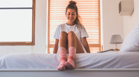 Her skin is so soft Attractive young woman smiling and touching her leg while sitting on the bed at home : Generative AIの素材